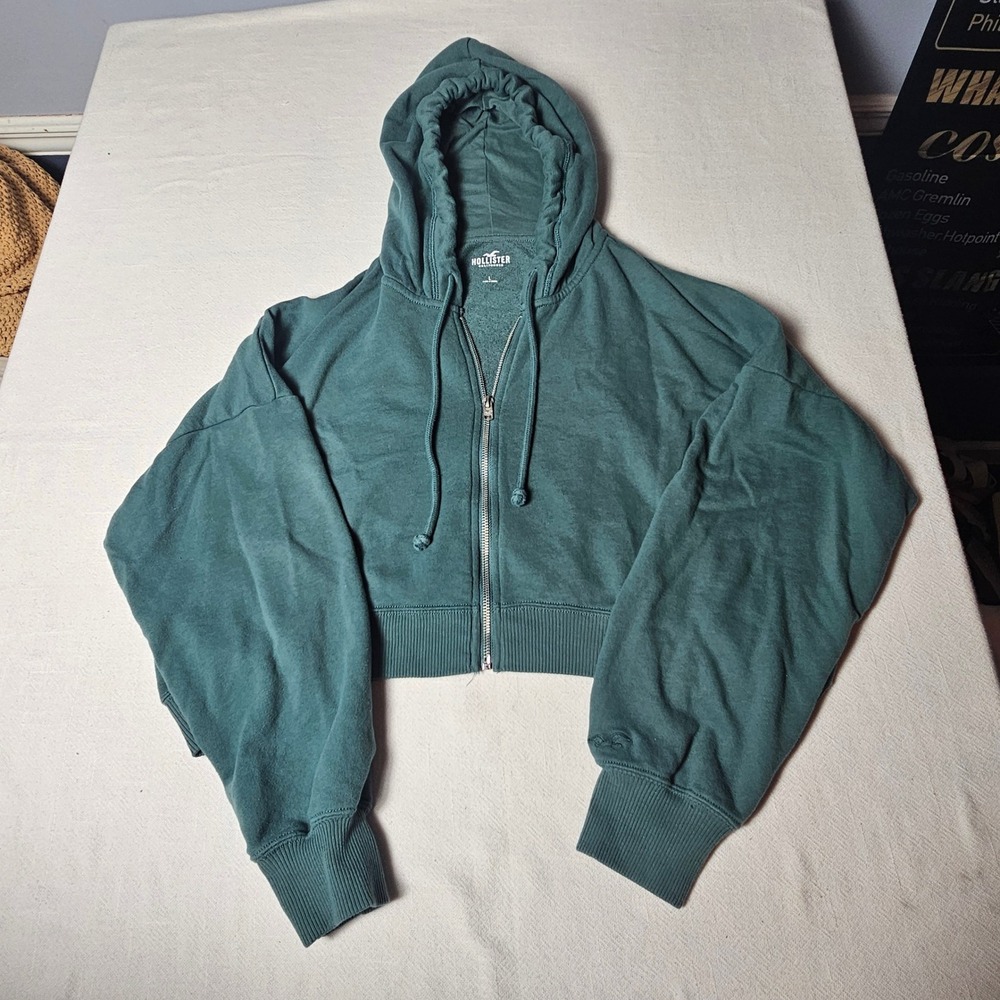 Hollister California Womens Large Teal Green Cropped Full Zip Hoodie 352F2557